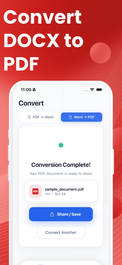 iOS app — DOCX to PDF conversion complete screen with share and save options